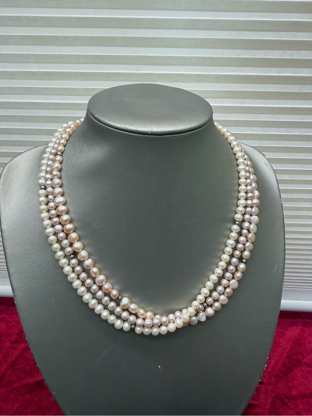 SJ 925 Sterling Silver Triple strands of Pearls Necklace